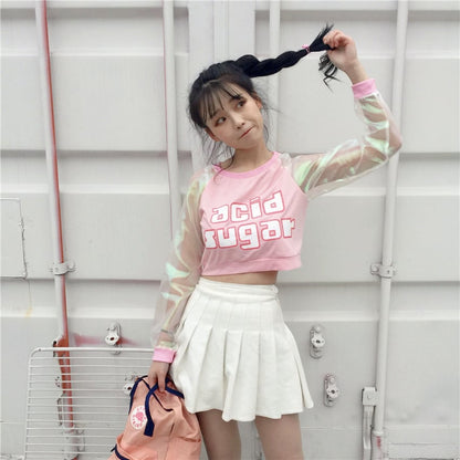 Pastel Pink Acid Holographic Laser Transparent Crop Top Long Sleeve Tee Shirt T-shirt Top Sweatshirt E-Girl Kawaii Korean Japanese Harajuku Streetwear