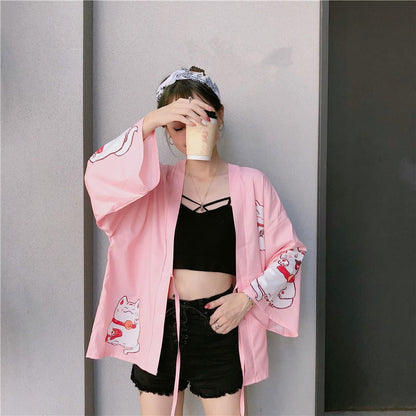 Pink Cat Blouse Kimono Cardigan Cartoon Print Loose Blouse Long Sleeve Shirt T-shirt Top E-Girl Kawaii Korean Japanese Harajuku Streetwear