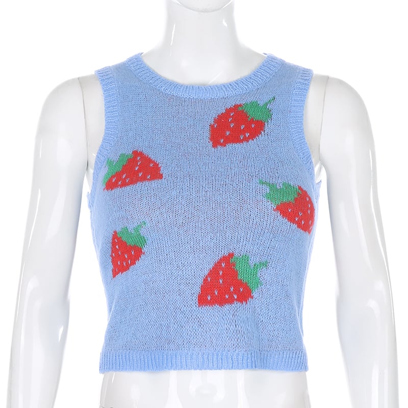 Cute Pink Strawberry V Neck Sleeveless Knit Crop Top Sweater Sweatshirt Pullover Jumper E-Girl Kawaii Korean Japanese Harajuku Streetwear