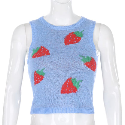 Cute Pink Strawberry V Neck Sleeveless Knit Crop Top Sweater Sweatshirt Pullover Jumper E-Girl Kawaii Korean Japanese Harajuku Streetwear
