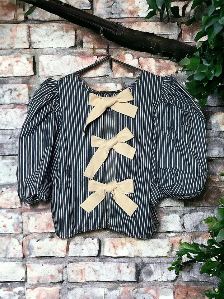 Blue Stripe Lace Up Blouse