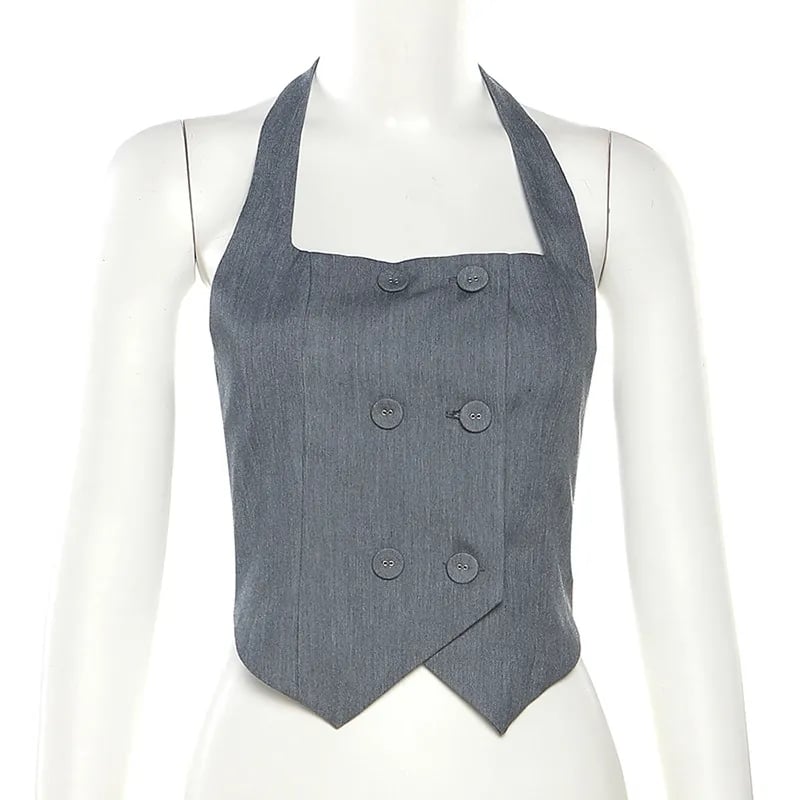 Grey Halter Button Down Vest Top