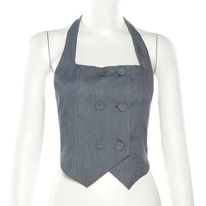 Grey Halter Button Down Vest Top
