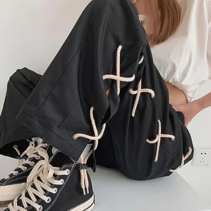 Black Lace Up Wide Leg Trousers