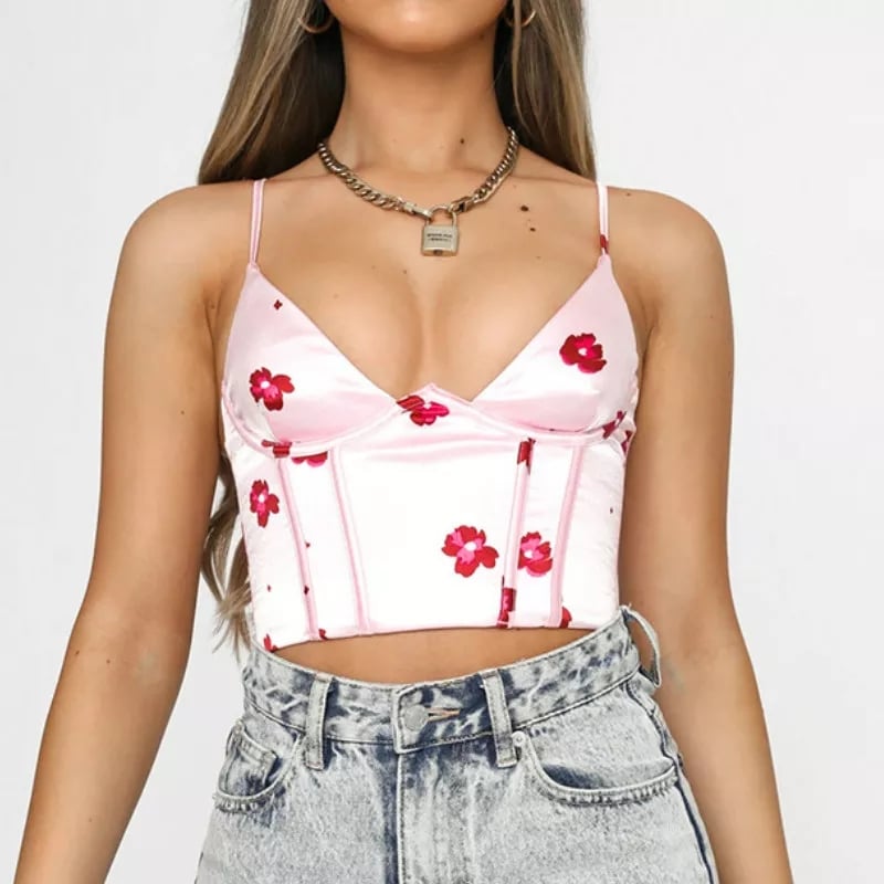 Cute Satin Flower Corset Crop Top Strapless Sleeveless Tube Top Bustier Summer Aesthetic Casual E-Girl Kawaii Korean Japanese Harajuku