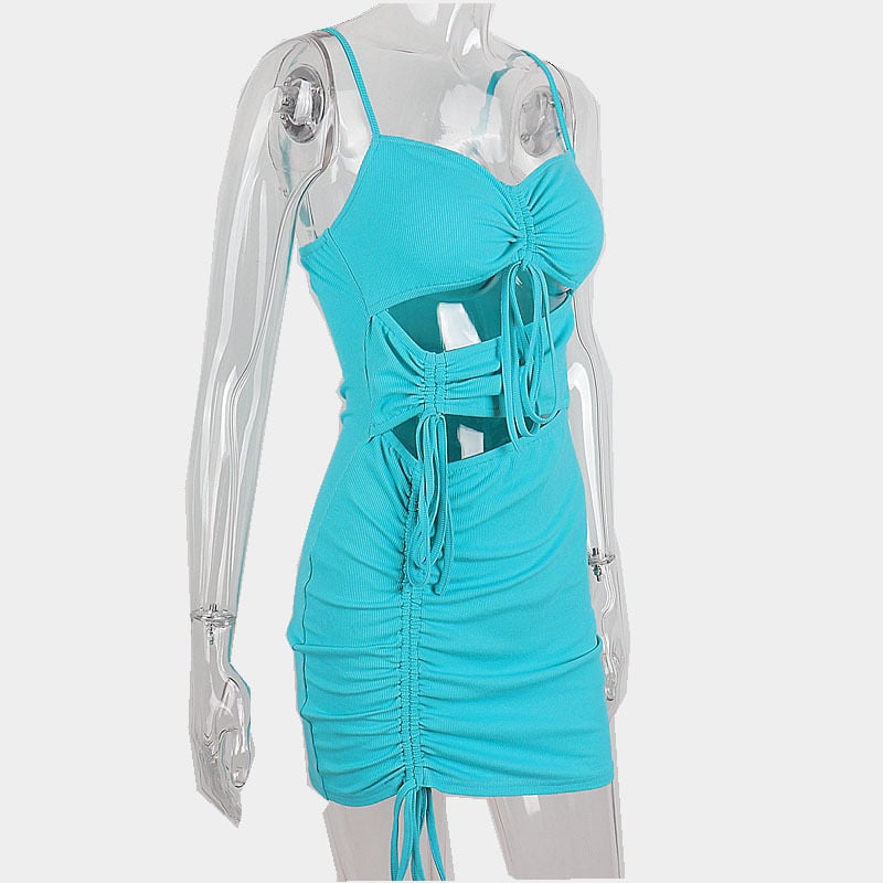 Blue Drawstring Bandage Cut Out Bodycon Dress