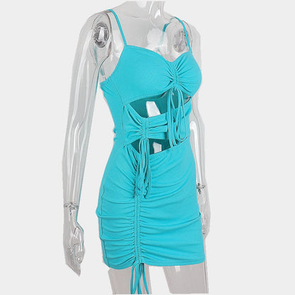 Blue Drawstring Bandage Cut Out Bodycon Dress