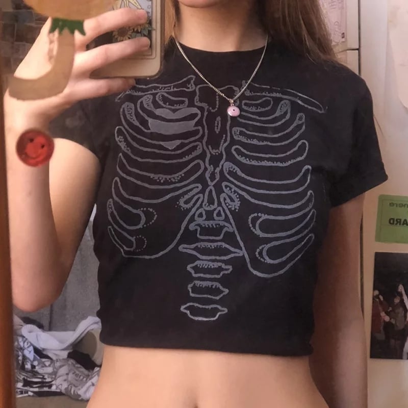 Cute 90s Vintage Skull Bone Ribs Short Sleeve Tee Crop Top Basic Casual Punk Goth Summer E-Girl Kawaii Korean Japanese Harajuku Streetwear