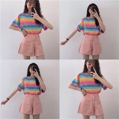 Cute Causal Pastel Rainbow Colorful Stripe Loose Round Neck Short Sleeve Tee Shirt T-shirt Top E-Girl Kawaii Korean Japanese Harajuku Retro Streetwear