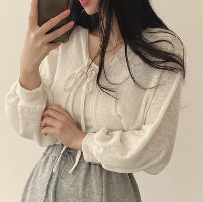 White Thin Lantern Long Sleeve Cardigan