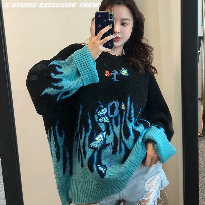 Black Pink Vintage Fire Flames Loose Oversized Long Sleeve Knit Sweatshirt Sweater Pullover Jumper E-Girl Kawaii Korean Japanese Harajuku Streetwear