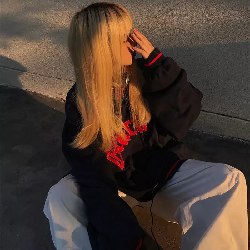 Black Letter Embroidery V Neck Long Sleeve Sweater