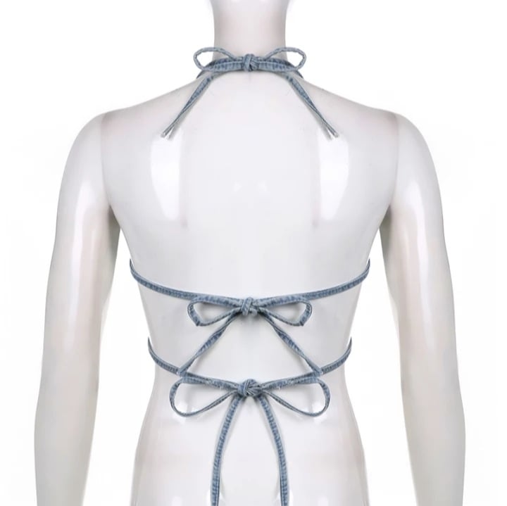 Cute Sexy Butterfly Denim Backless Crop Top Sleeveless Shirt Party Beach Summer Aesthetic Casual E-Girl Kawaii Korean Japanese Harajuku