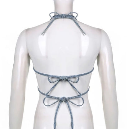 Cute Sexy Butterfly Denim Backless Crop Top Sleeveless Shirt Party Beach Summer Aesthetic Casual E-Girl Kawaii Korean Japanese Harajuku