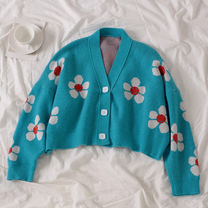 Cute Vintage Flower V Neck Long Sleeve Knit Cardigan Sweater Sweatshirt Pullover Jumper E-Girl Kawaii Korean Japanese Harajuku Streetwear