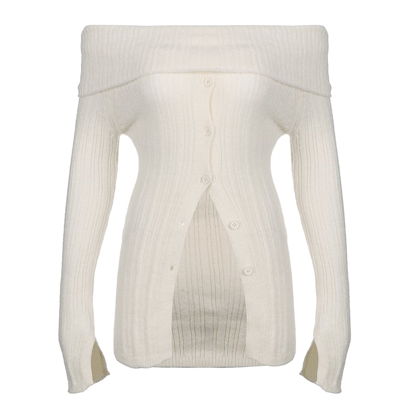 White Button Up Split Slash Neck Sweater