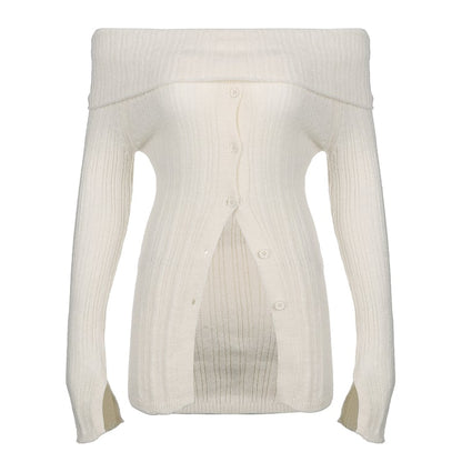 White Button Up Split Slash Neck Sweater