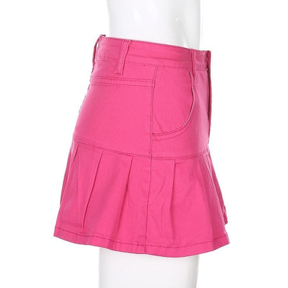 Cute High Waisted Pleated Denim Zipper Mini Skirt Blue Pink Bottoms Club Aesthetic Summer Party E-Girl Kawaii Korean Japanese Harajuku Streetwear
