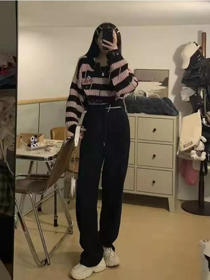 Black & Pink Striped Knit Cropped Pullover