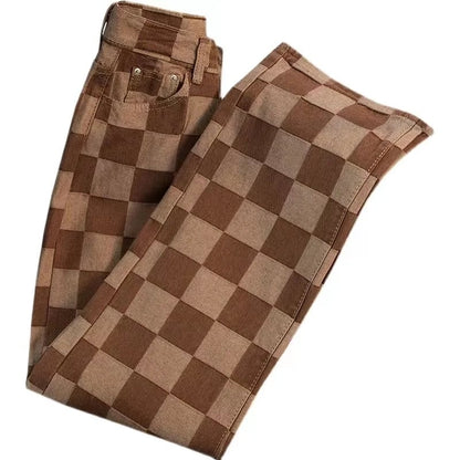 Brown Checkered High Waist Wide Leg Pants