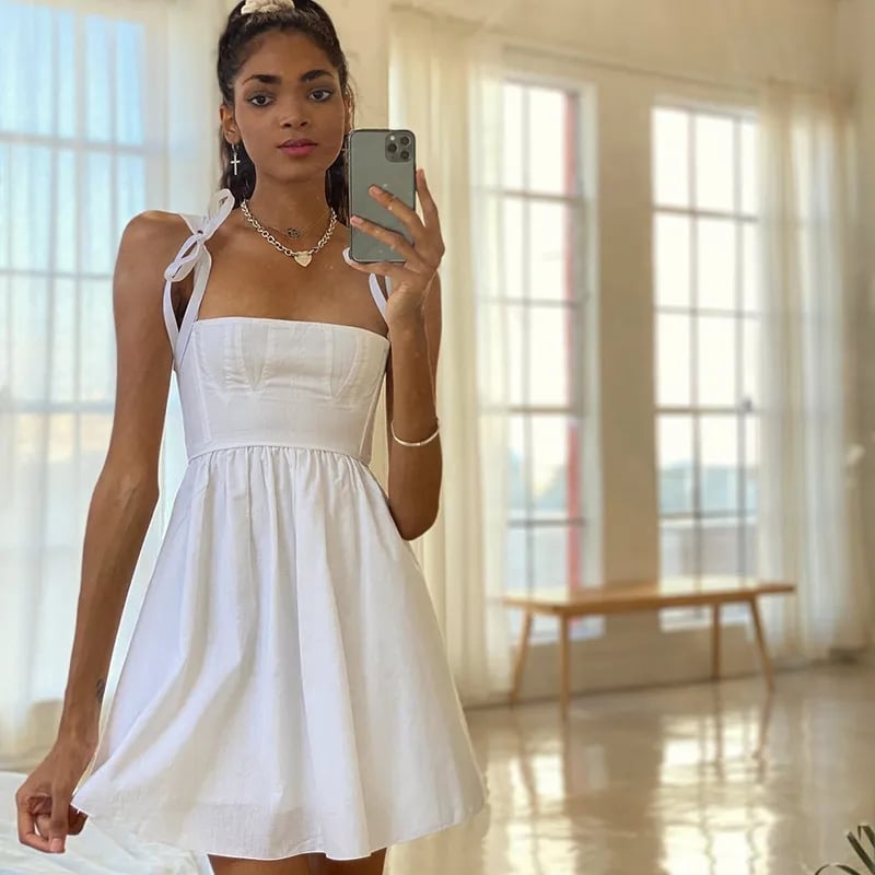White Lace Up Backless Dress