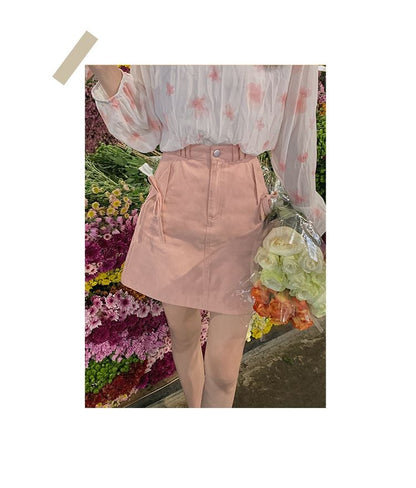 Pink Bow Denim Mini Skirt