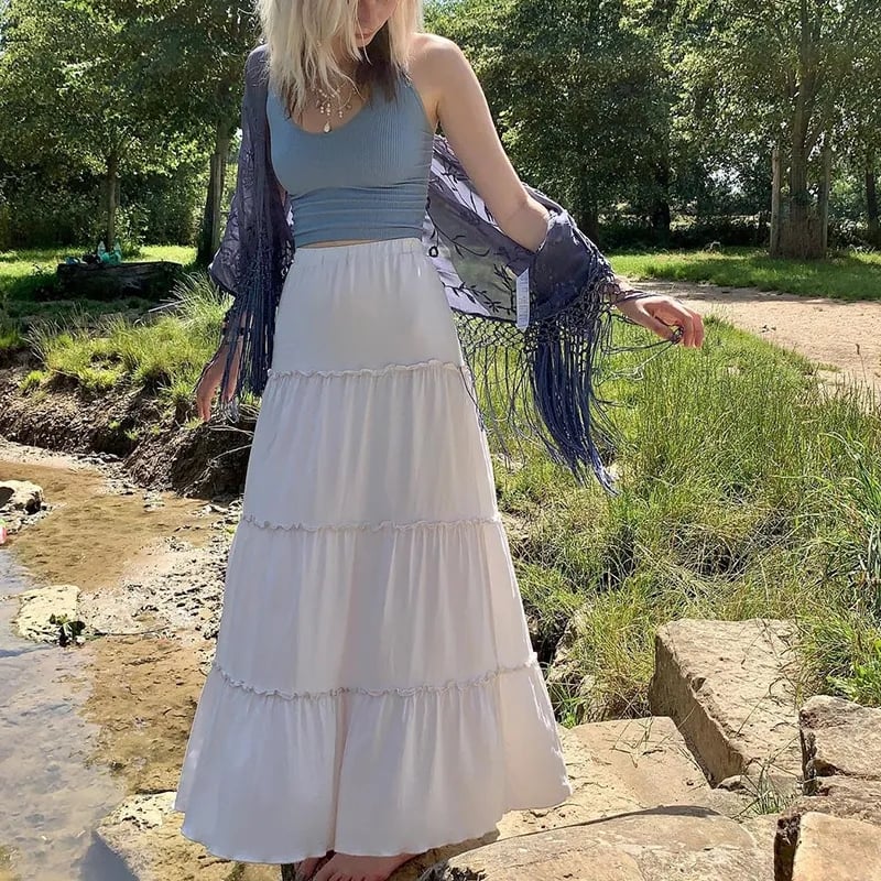 White Pleated Frill Maxi Skirt