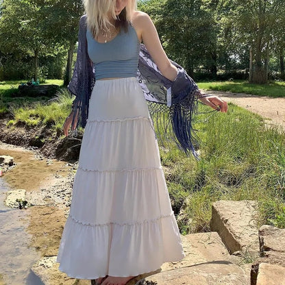 White Pleated Frill Maxi Skirt