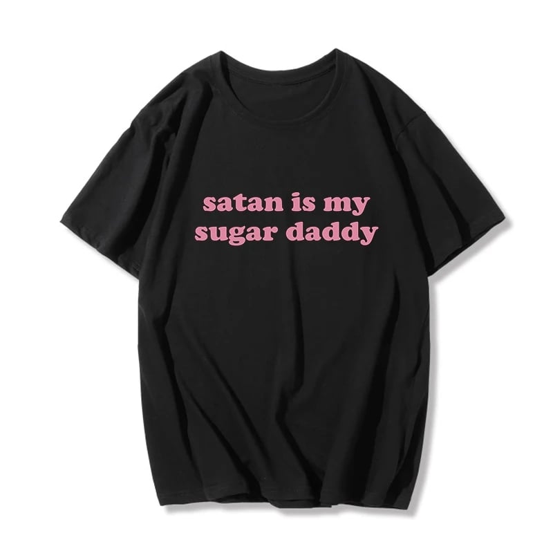 Cute Black Satan Sugar Daddy Print Short Sleeve T-shirt Goth Punk Aesthetic Casual Summer E-Girl Kawaii Korean Japanese Harajuku
