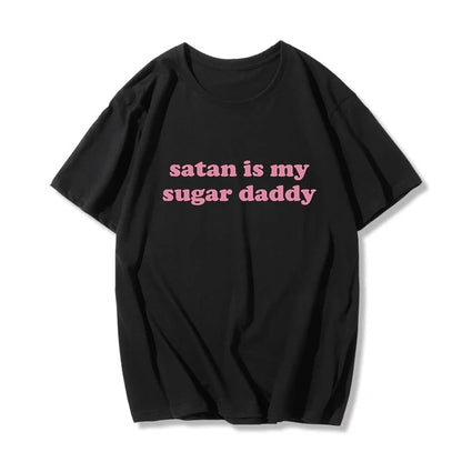 Cute Black Satan Sugar Daddy Print Short Sleeve T-shirt Goth Punk Aesthetic Casual Summer E-Girl Kawaii Korean Japanese Harajuku