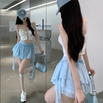 Blue Ruffle High Waist Tulle Mini Skirt
