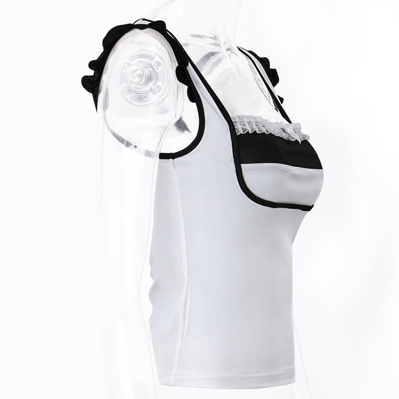 White & Black Patchwork Lace Square Neck Top