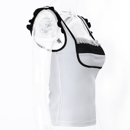 White & Black Patchwork Lace Square Neck Top