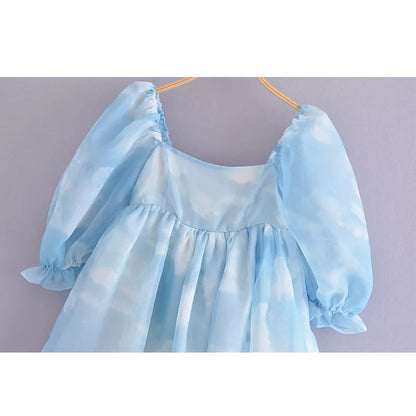 Cute Sexy Blue Cloud Sky Princess Square Neck Puff Sleeve Mini Party Dress Summer Aesthetic E-Girl Kawaii Korean Japanese Harajuku