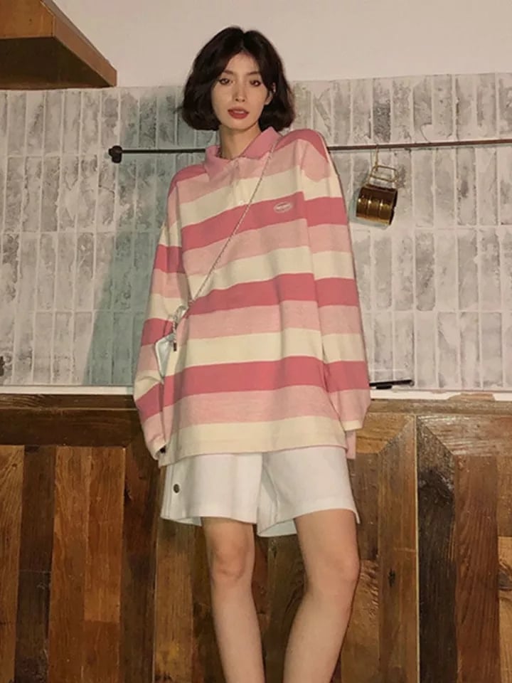 Pink Striped Oversized Preppy Long Sleeve T-shirt