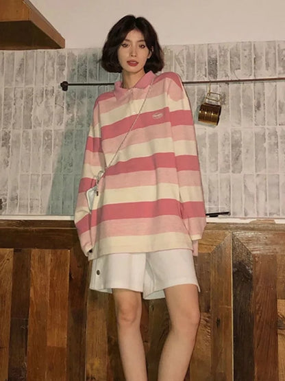 Pink Striped Oversized Preppy Long Sleeve T-shirt