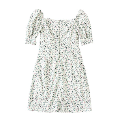 Cute Boho Tie Neck Floral Print Puff Sleeve Mini Dress Kawaii Korean Japanese Harajuku Chinese Retro Streetwear Aesthetic Fashion