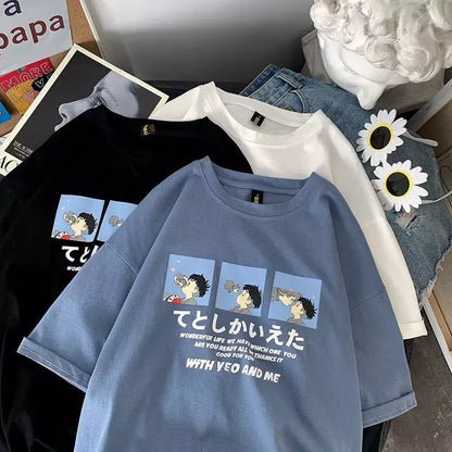 Cute Anime Boy Print Cartoon Oversized Loose Short Sleeve Shirt T-shirt Top Tee Summer Casual E-Girl Kawaii Korean Japanese Harajuku Streetwear