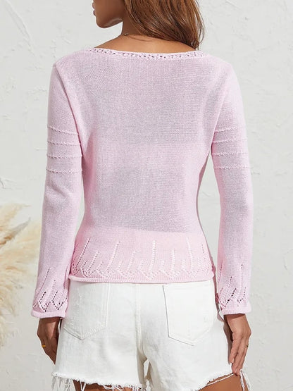 Pink Hollow Out Tie Up Knit Long Sleeve Flare Top