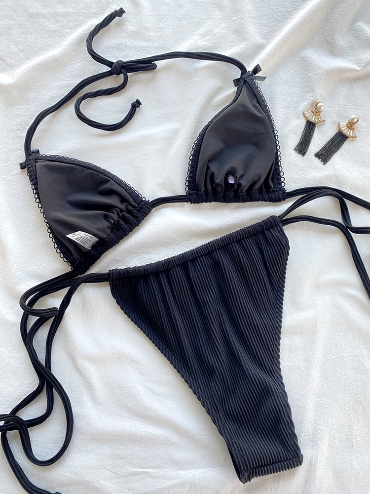 2PCS Black Bow Triangle Bikini Set