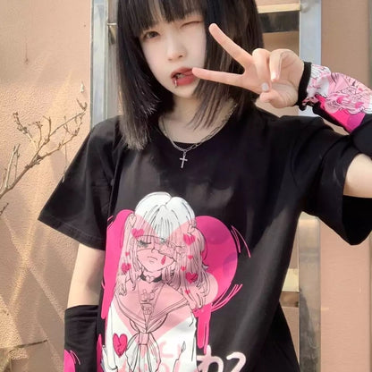 Cute Black Punk Goth Anime Girl Cartoon Print Short Sleeve Shirt Oversized Loose T-shirt Tee Top E-Girl Kawaii Korean Japanese Harajuku Streetwear