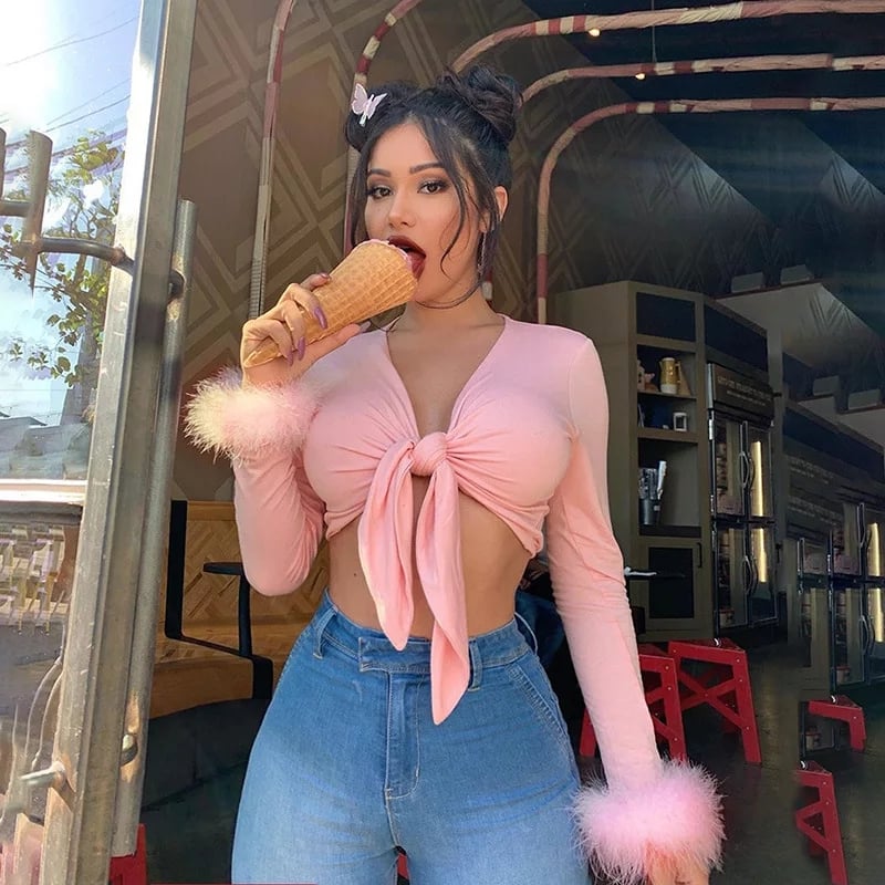 Cute Sexy Pink Cotton Cross Bow Tie V Neck Crop Top Long Sleeve Shirt Top Fur Club Part Summer Aesthetic Casual E-Girl Kawaii Korean Japanese Harajuku