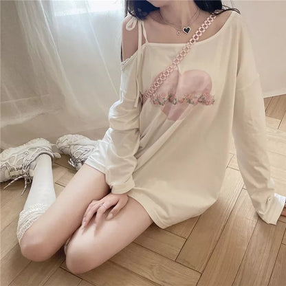 Sweet Japanese Anime Off Shoulder Lace Up Long Sleeve Shirt