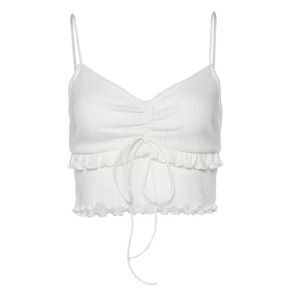 White Ruffle V Neck Lace Up Camisole