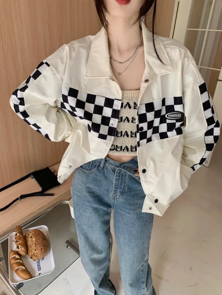 Black PU Leather Checkboard Loose Jacket