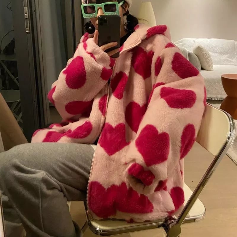 Cute 90s Heart Print Plush Long Sleeve Jacket Hoodie Sweater Coat Aesthetic Casual E-Girl Kawaii Korean Japanese Harajuku