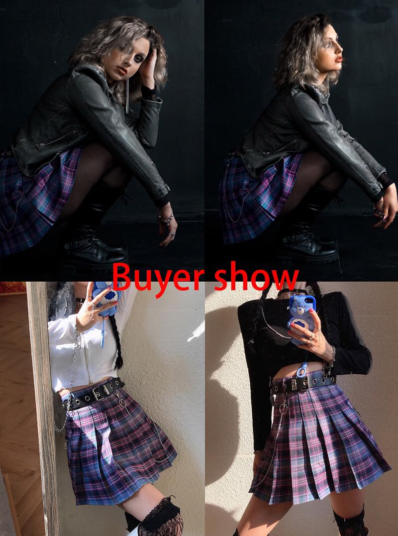 Cute Vintage Plaid Belt Chain High Waisted Mini Skirt School Uniform Tennis A-line Goth Punk Club E-Girl Kawaii Korean Japanese Harajuku Streetwear
