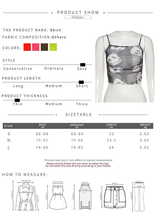 Cute Spider Skull Mesh Transparent See Through Camisole Tank Crop Top Sleeveless Goth Punk Casual E-Girl Kawaii Korean Japanese Harajuku Streetwear