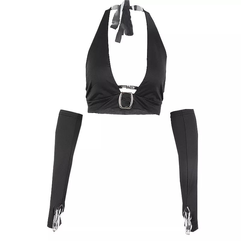 Black Metal Buckle Halter Top with Sleeves