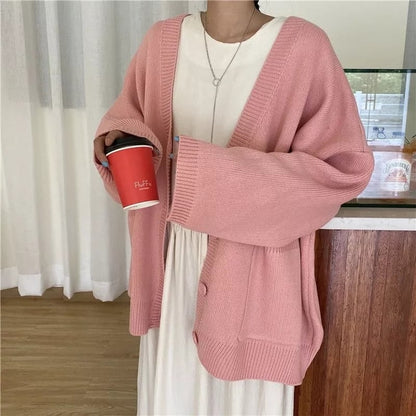 Cute Baby Pink V Neck Chic Loose Oversized Knit Cardigan Long Sleeve Sweater Jumper Aesthetic Casual Summer E-Girl Kawaii Korean Japanese Harajuku